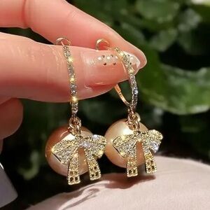 Luxury Gold Color Zircon Bowknot Stud Earrings Pearl Flower Festive Earrings